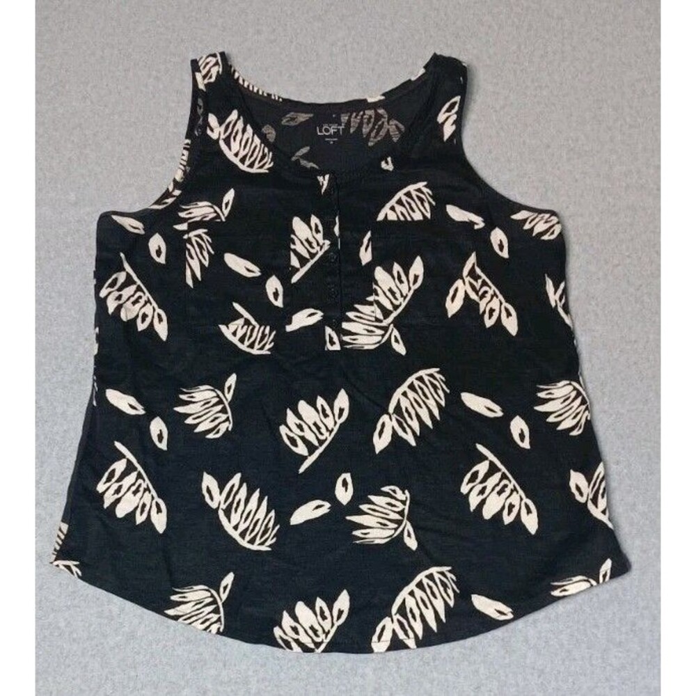 Ann Taylor Loft Sleeveless Linen Blend Blouse M Black White Leaves Coastal Boho